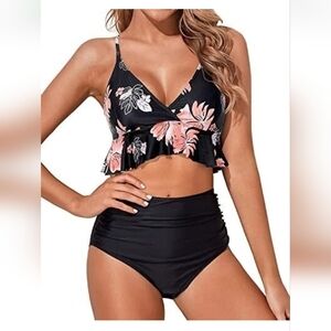 Tempt Me Floral Black and Pink Women's Swim Set NWT